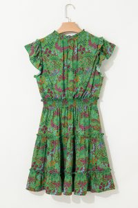 Green Floral Tie Neck Ruffle Sleeve Tiered Mini Dress - Image 4