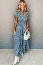 Blue Abstract Print Split V Neck Shirred High Waist Maxi Dress - Image 5