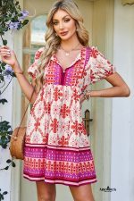 Rose Boho Floral Short Sleeve Tie V Neck Mini Dress - Image 5