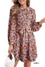 Multicolour Floral Print Pleated Detail Bleted Long Sleeve Mini Dress - Image 4