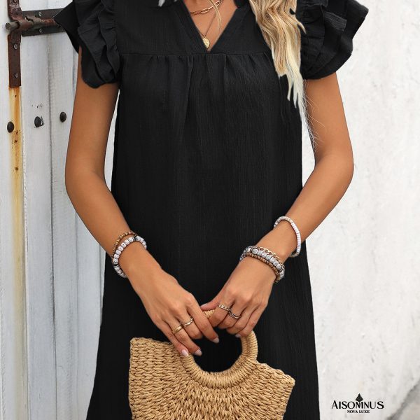 Black V Neck Ruffle Sleeve Shift Mini Dress