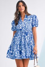 Blue Flower Print Puff Sleeve Ruffle Mini Dress - Image 5