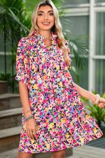 Pink Floral Puff Short Sleeve V Neck Mini Dress - Image 6