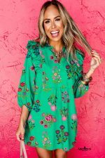 Green Floral Print Ruffle Three Quarter Sleeve Buttoned Mini Dress - Image 3