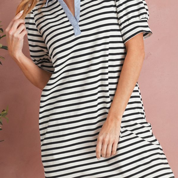 Black Stripe Collared Puff Sleeve Pocketed Mini Dress