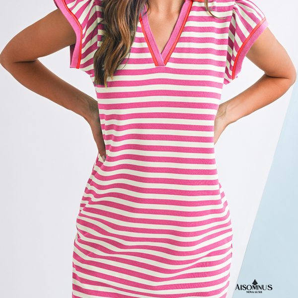 Sachet Pink Striped Ruffle Short Sleeve Pop of Color Neckline Dress