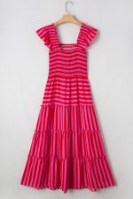 Rose Stripe Ruffle Strap Shirred Bodice Tiered Maxi Dress - Image 5