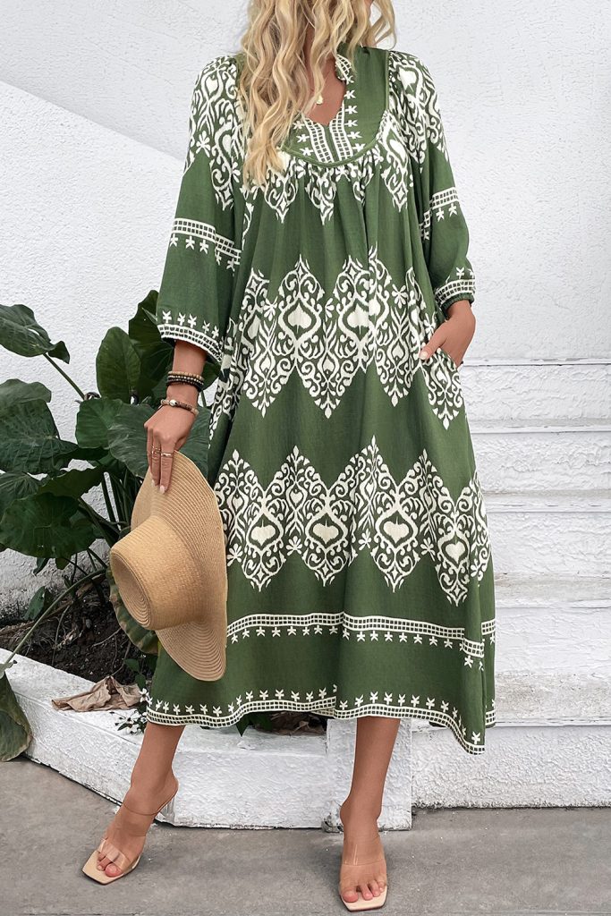 Green Abstract Geometric Print Long Sleeve Vacation Dress