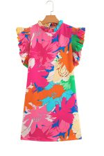 Pink Floral Print Flutter Sleeve Pockets Mini Dress - Image 13