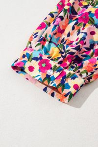 Pink Floral Puff Short Sleeve V Neck Mini Dress - Image 10