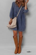 Sail Blue Pleated V Neck 3/4 Sleeve Denim Mini Dress - Image 7