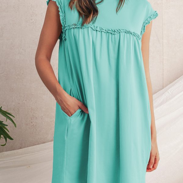 Mint Green Frilled Trim Crewneck Loose Fit Mini Dress
