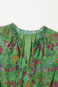 Green Floral Tie Neck Ruffle Sleeve Tiered Mini Dress - Image 5