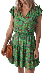 Green Floral Tie Neck Ruffle Sleeve Tiered Mini Dress - Image 12