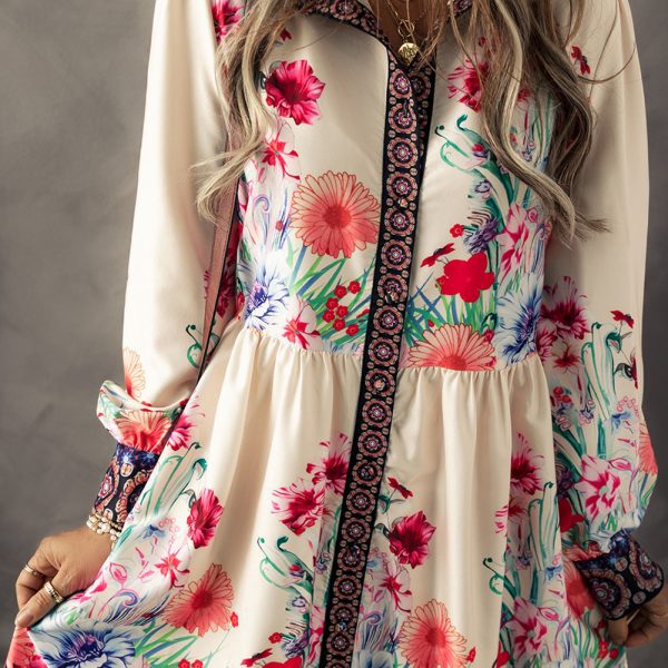 Apricot Floral Print Buttoned High Waist Mini Dress