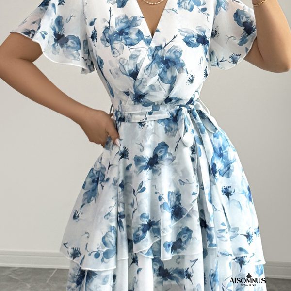 Sky Blue Floral Print Tie Waist Mini Dress