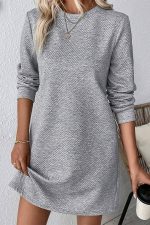 Gray Solid Color Textured Long Sleeve Shift Short Dress - Image 7