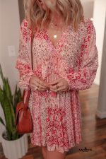 Pink Bohemian Floral Print Tassel Tie Long Sleeve Flowy Mini Dress - Image 8