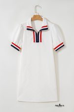 White Pop of Color Neckline Plaid Textured Puff Sleeve Mini Dress - Image 3