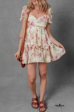 White Floral Print Sweetheart Neck Bubble Sleeve Ruffle Mini Dress - Image 6
