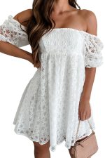 White Floral Lace Puff Sleeve Empire Waist Mini Dress - Image 16