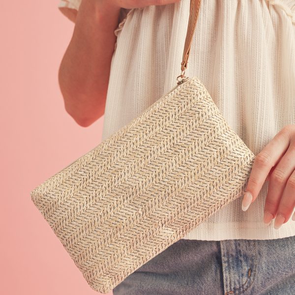 Oatmeal Braided Wrist Strap Zipper Large Capacity Clutch