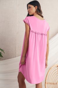 Pink Frilled Trim Crewneck Loose Fit Mini Dress - Image 2