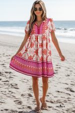 Rose Boho Floral Short Sleeve Tie V Neck Mini Dress - Image 12