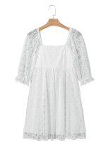 White Floral Lace Puff Sleeve Empire Waist Mini Dress - Image 15