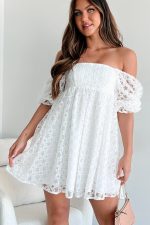 White Floral Lace Puff Sleeve Empire Waist Mini Dress - Image 5