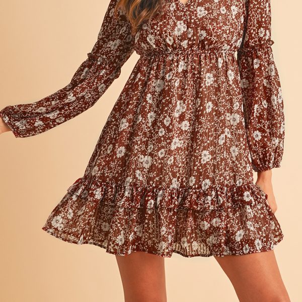 Brown Boho Floral Ruffle Puff Sleeve V Neck Mini Dress