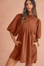 Gold Flame Light Snap Button Empire Waist Lantern Sleeve Corduroy Dress - Image 3