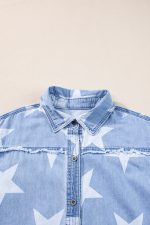 Sky Blue Star Print Frayed Hem Buttoned Denim Mini Dress - Image 7