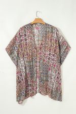 Apricot Floral Print Short Wide Sleeve Open Front Loose Kimono - Image 6