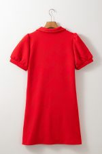 Fiery Red V Neck Puff Sleeve Textured Mini Dress - Image 14