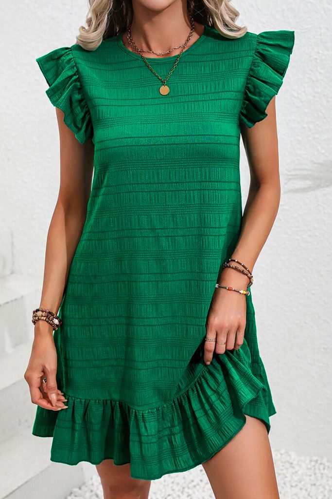 Dark Green Textured Flutter Sleeve Ruffle Mini Dress