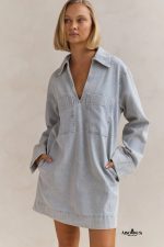 Beau Blue V Neck Collar Pocket Denim Mini Dress - Image 5