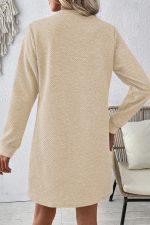 Apricot Plain Textured Long Sleeve Shift Short Dress - Image 2