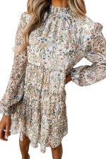 Green Floral Print Tiered Frilled Shirred Mock Neck Mini Dress - Image 24