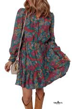 Green Floral Frill V Neck Puff Sleeve Ruffle Mini Dress - Image 19