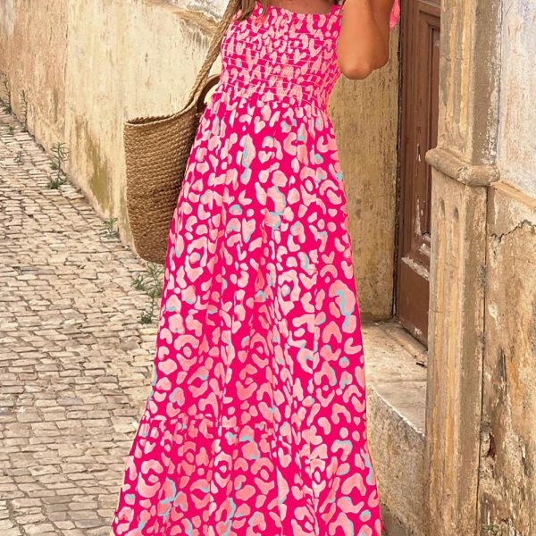 Pink Leopard Ruffle Straps Smocked High Waist Maxi Dress