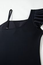 Black Asymmetric Ruffle Shoulder Ruched One Piece Swimsuit - Image 9