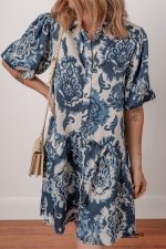 Blue Boho Floral Print Buttoned Collared Loose Fit Mini Dress - Image 3
