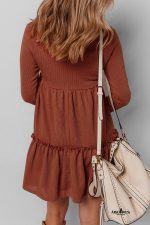 Straw Yellow Ribbed Frilled Trim High Waist Long Sleeve Mini Dress - Image 2