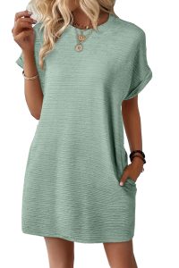 Grass Green Solid Color Textured Crinkle Mini T Shirt Dress - Image 15