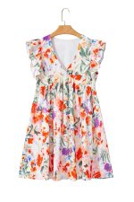 Pink Floral Ruffle Sleeve V Neck High Waist Mini Dress - Image 16