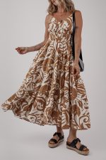 Khaki Floral Shirred High Waist Spaghetti Straps Maxi Dress - Image 4
