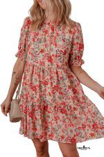 Multicolour Floral Print Frilled Neck Puff Sleeve High Waist Dress - Image 16