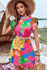 Pink Floral Print Flutter Sleeve Pockets Mini Dress - Image 3