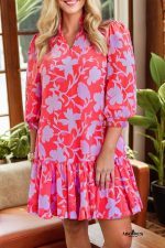 Red Floral 3/4 Sleeve Ruffle Hem Mini Dress